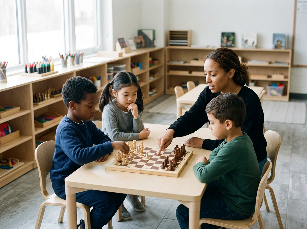 A teacher playing chess with four children in a classroom.