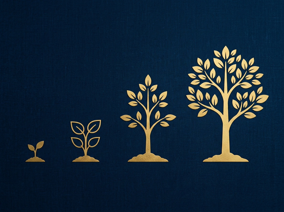 Progression of a plant growing from seedling to a full-grown tree, depicted with four gold silhouettes on a dark background.