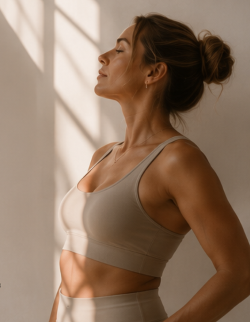 Woman with her eyes closed, wearing a beige sports bra, standing comfortably with sunlight casting shadows on the wall behind her.