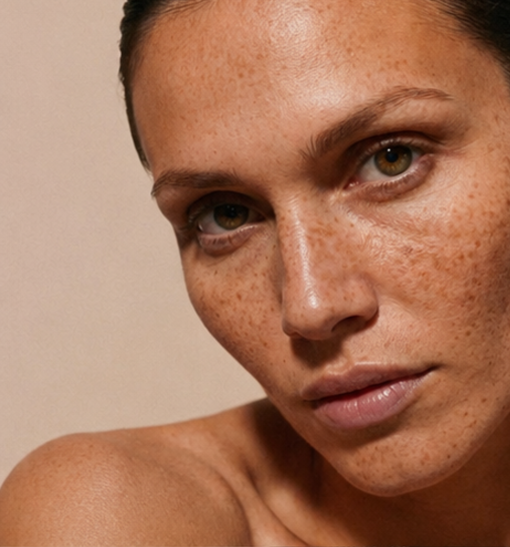 Close-up of a woman's face with freckles, light brown eyes, and short hair, looking directly at the camera against a plain background.