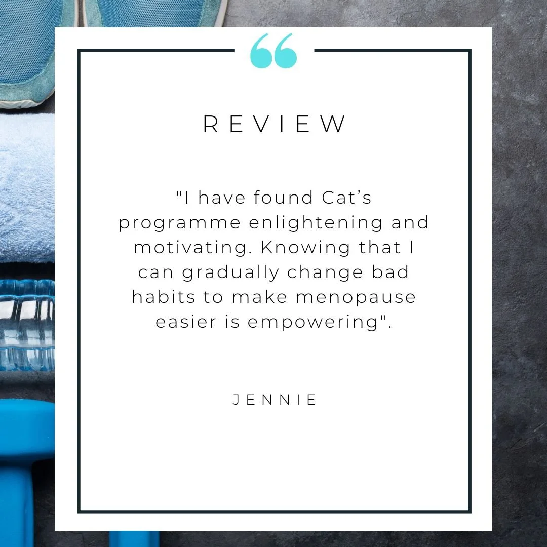 A digital review post with a quote about a program that helps change bad habits and make menopause easier, attributed to Jennie, with a background of bathroom or gym items including a blue towel, shoes, and water bottles.
