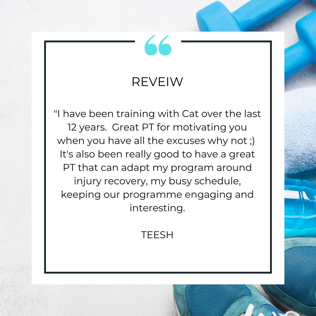 A review text about training with Cat over 12 years, praising the PT's motivation, adaptable program, and engaging approach, signed by Teesh, over a background with blue weights and workout shoes.