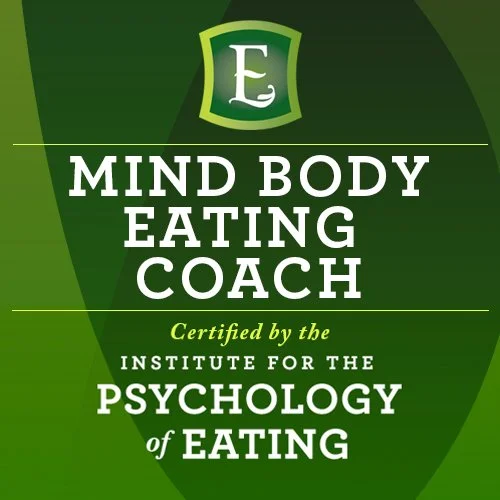 Green promotional poster for Mind Body Eating Coach, certified by the Institute for the Psychology of Eating, featuring a shield logo with an 'E' at the top.