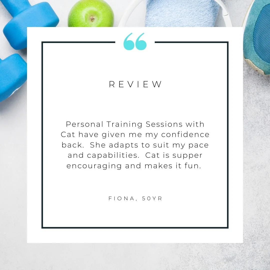 A review of personal training sessions with a cat, written by Fiona, age 50, highlighting confidence boost, tailored training, and fun encouragement, with fitness equipment and an apple in the background.