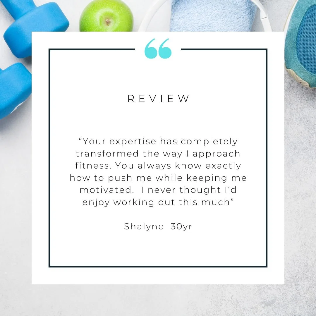 A white card with a review quote from Shalyne, age 30, about fitness training, surrounded by blue sneakers, a green apple, a light blue water bottle, and a blue dumbbell on a light background.