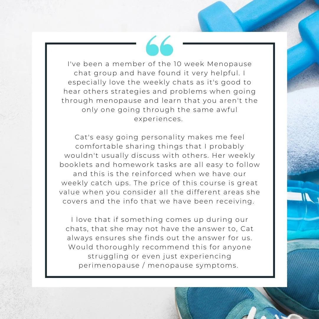 A testimonial about a menopause chat group on a white background with blue dumbbells and workout shoes.