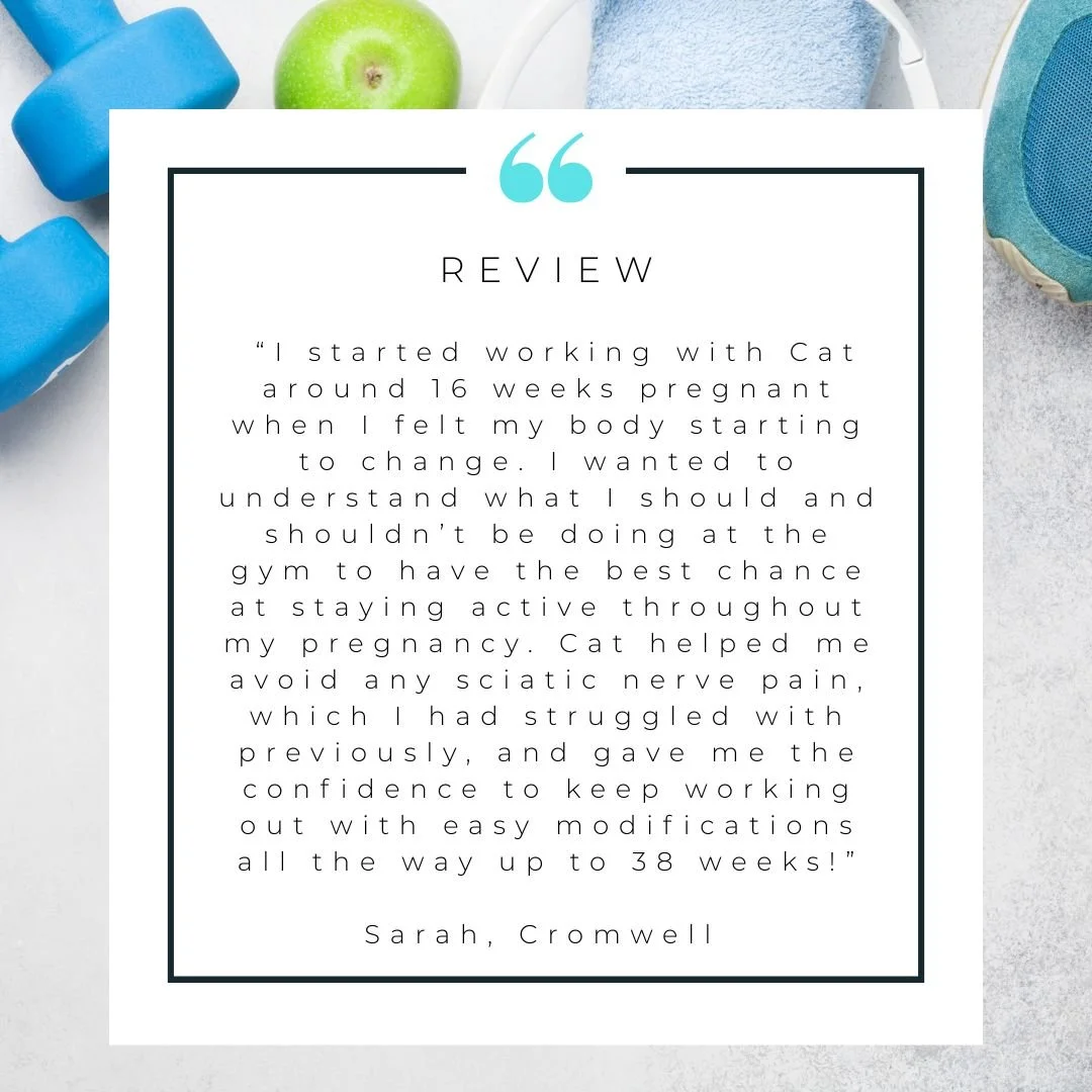 A positive pregnancy workout review featuring a quote from Sarah at Cromwell about her experience using Cat during pregnancy, surrounded by workout equipment including a green apple, blue dumbbells, a white and blue exercise ball, and a blue towel.