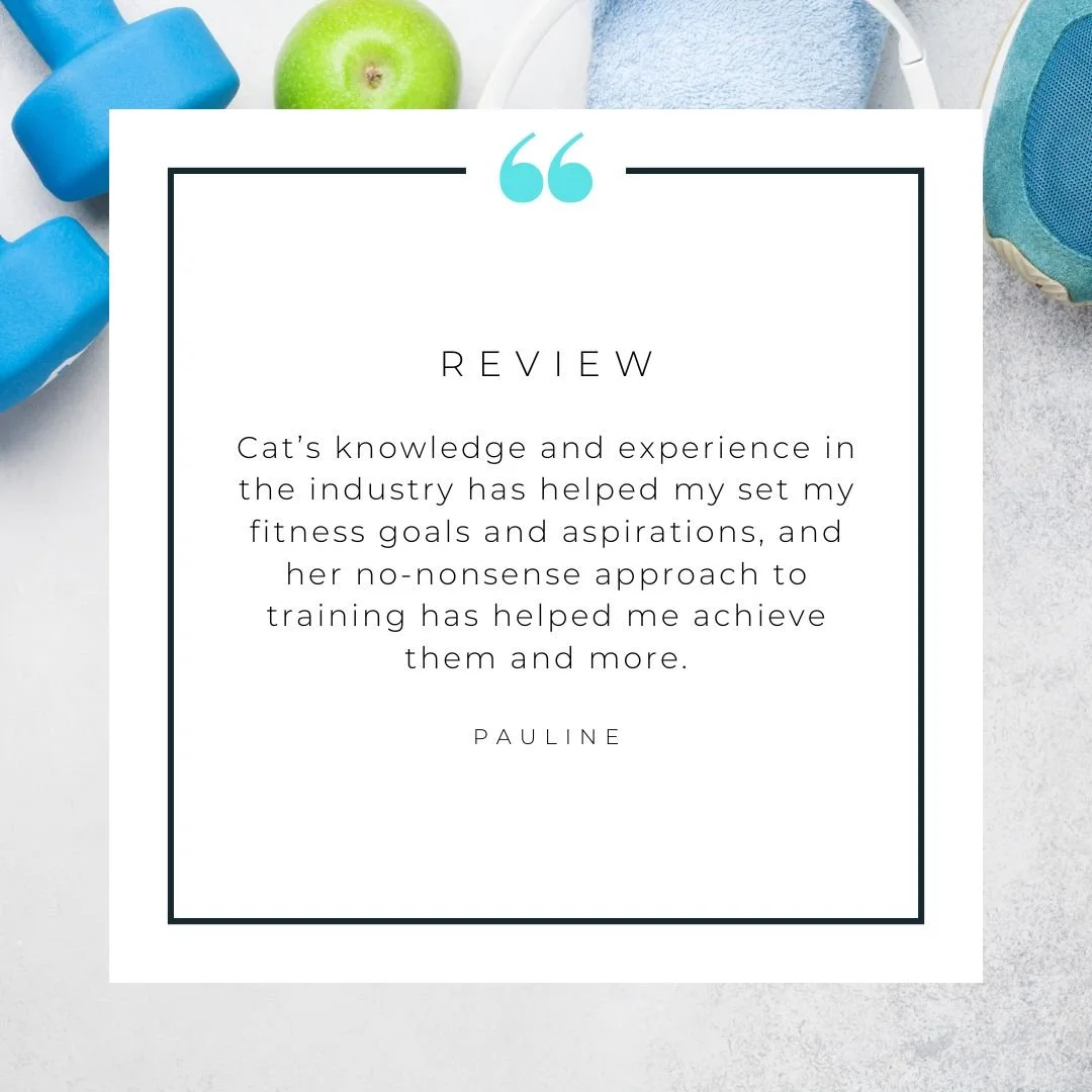 A fitness-themed review quote overlayed on a background with blue dumbbells, a green apple, a blue towel, and a blue sneaker.