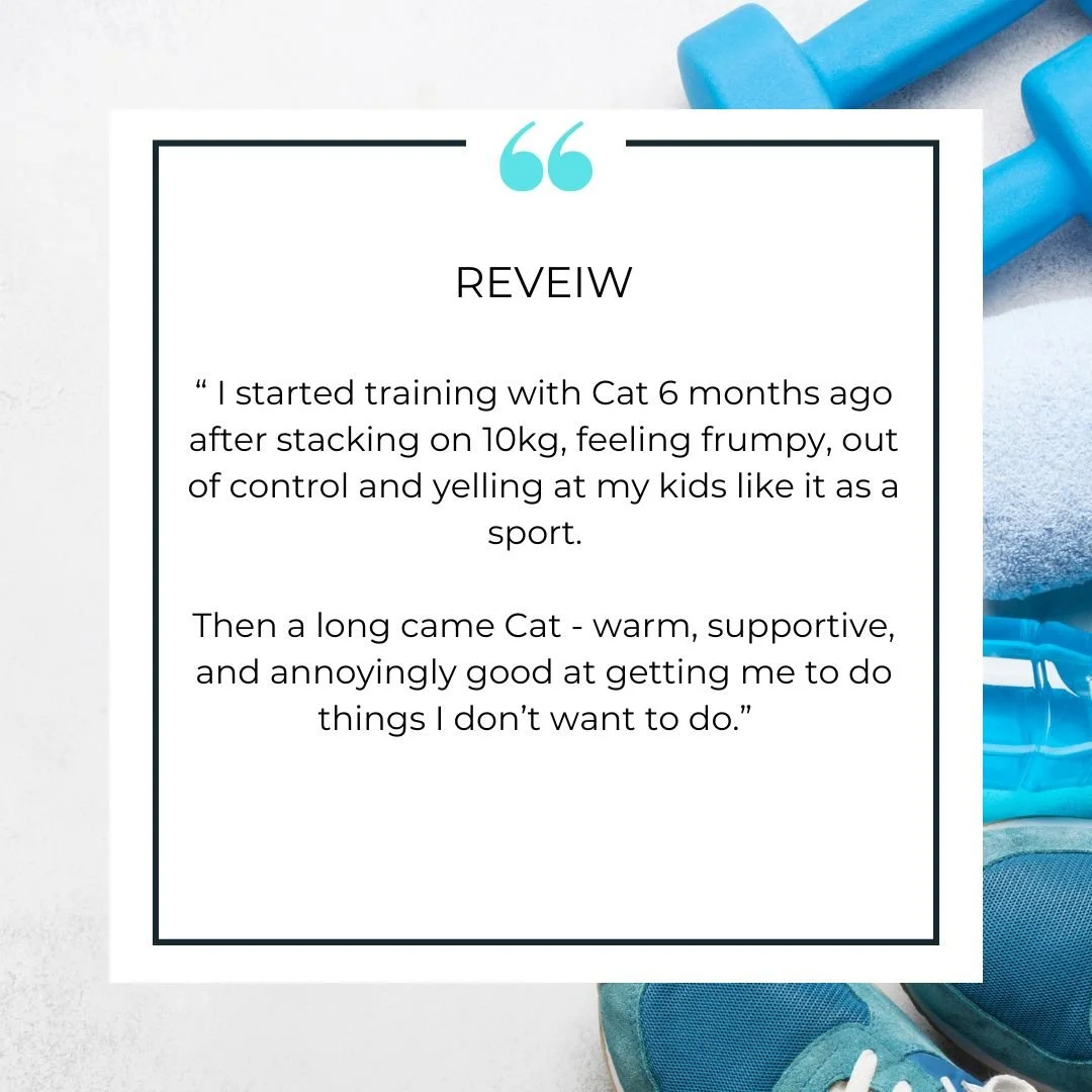 A testimonial quote on fitness training, with a background of blue fitness equipment like dumbbells and sneakers.