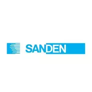 Sanden logo with blue text and abstract blue design