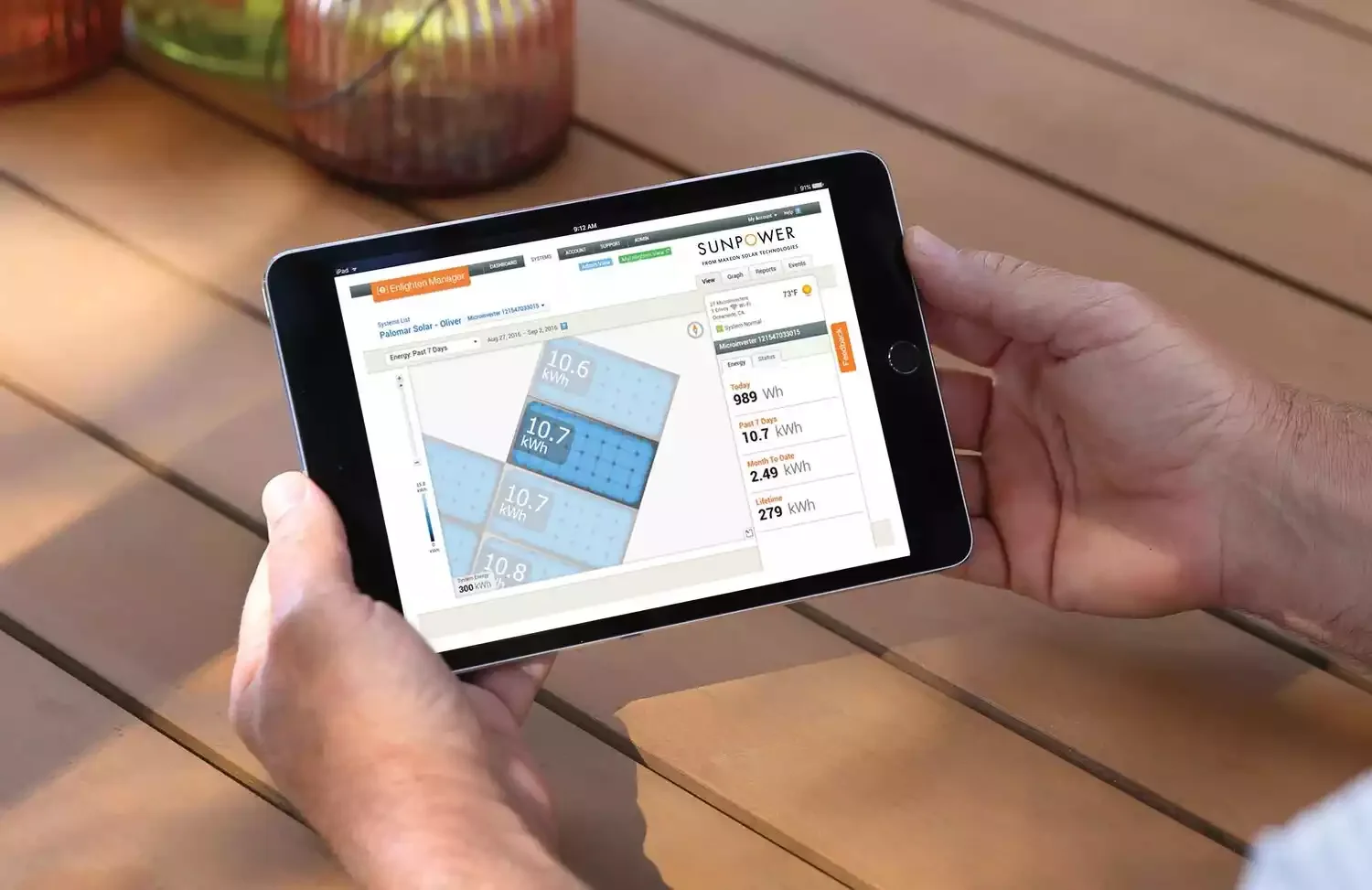 Person holding a tablet displaying solar energy monitoring data on the screen, with a wooden table in the background.
