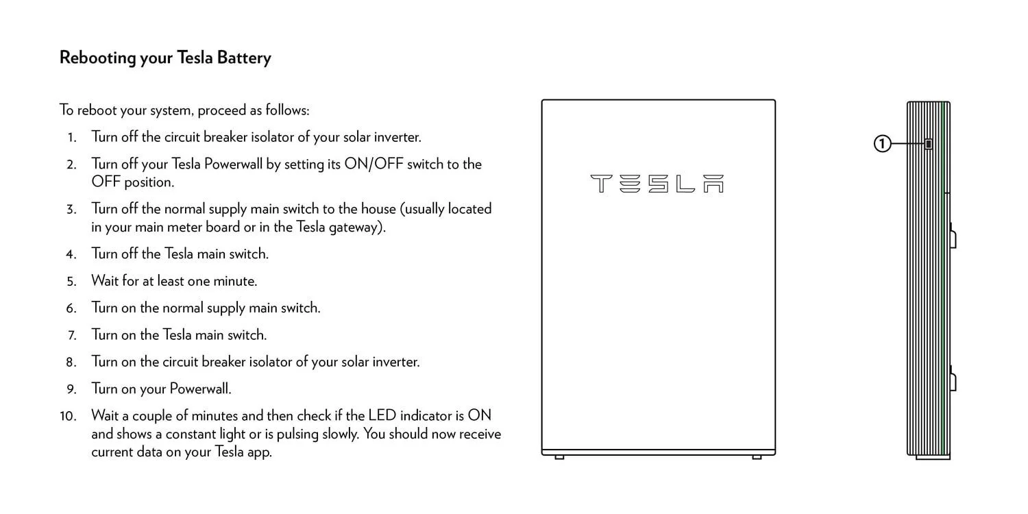 Instructions for rebooting a Tesla battery, including steps to turn off and on various switches and a diagram of the Tesla device.