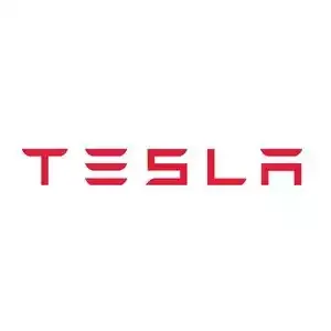 Tesla logo in red on a white background