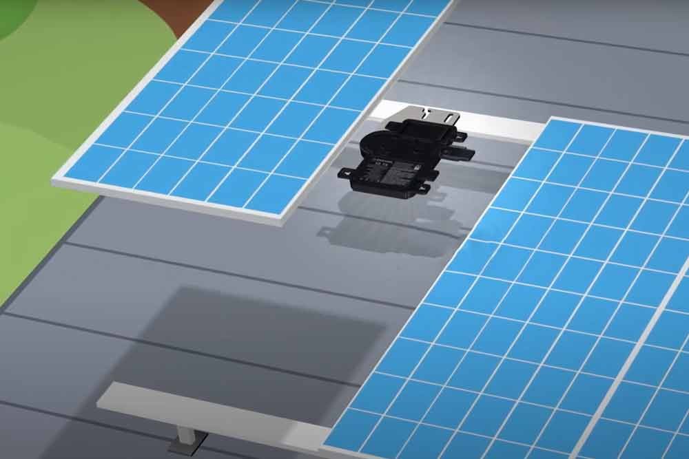 Illustration of rooftop solar panels and an electrical component on a gray roof.