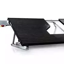 A black and silver treadmill with a running surface and control panel, positioned on a white background.