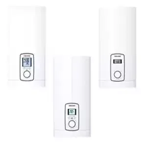 Three white digital water heaters with control panels and digital displays.