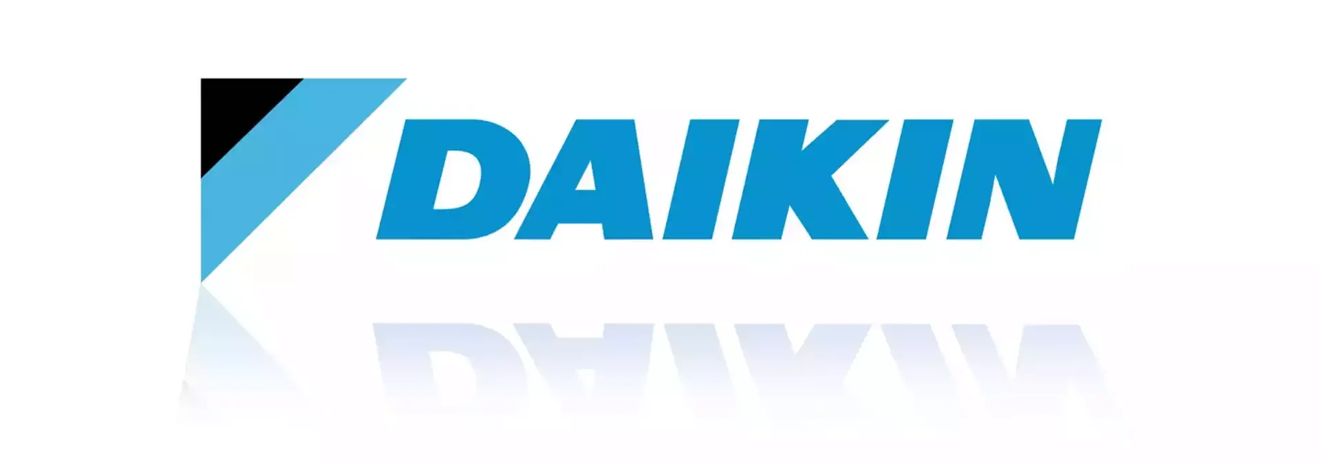 Daikin logo in blue and black with a reflection effect on a white background.