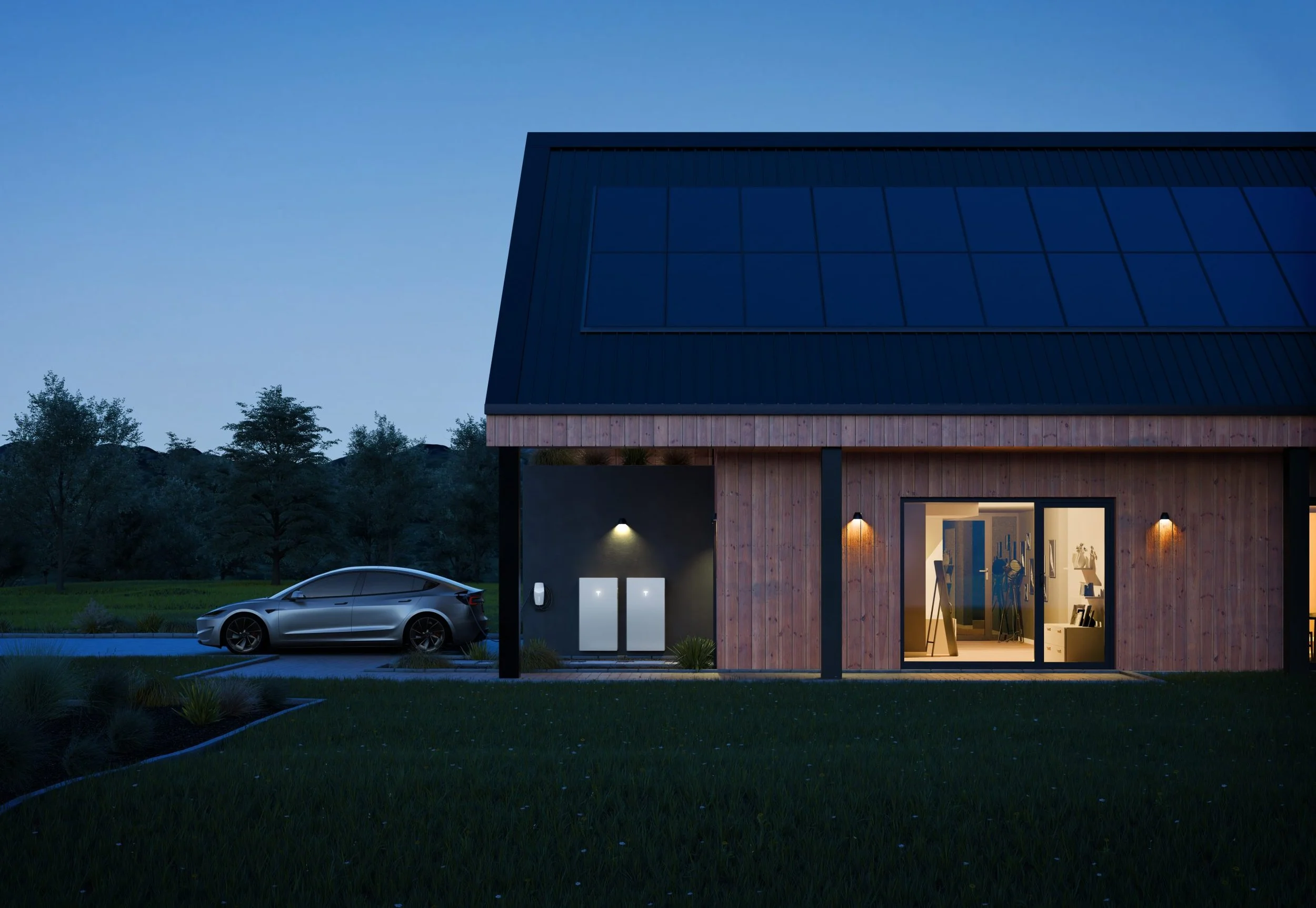 Modern house with large glass windows, wooden exterior, and outdoor lighting, situated in a green landscape at dusk with a parked silver car nearby.