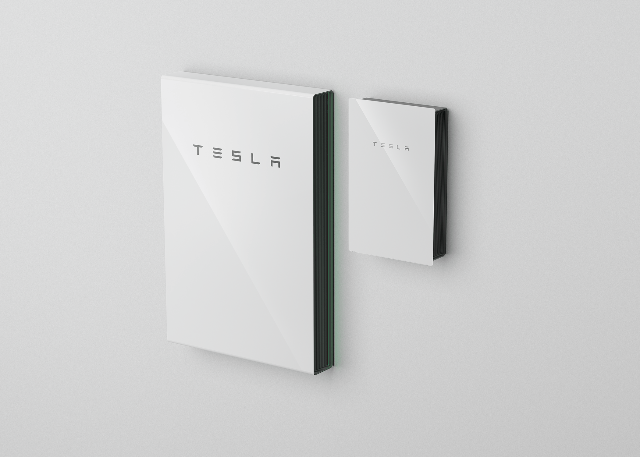A white Tesla battery pack with the Tesla logo and a smaller white Tesla energy storage unit on a plain background.