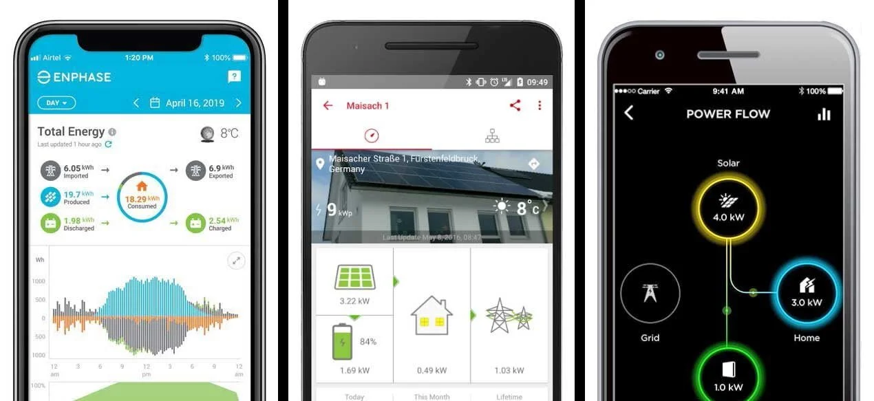 Three smartphones displaying different energy management and solar power apps.