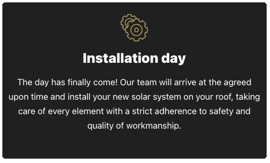 A black screen with white text announcing installation day for a solar system, with gear icons at the top.