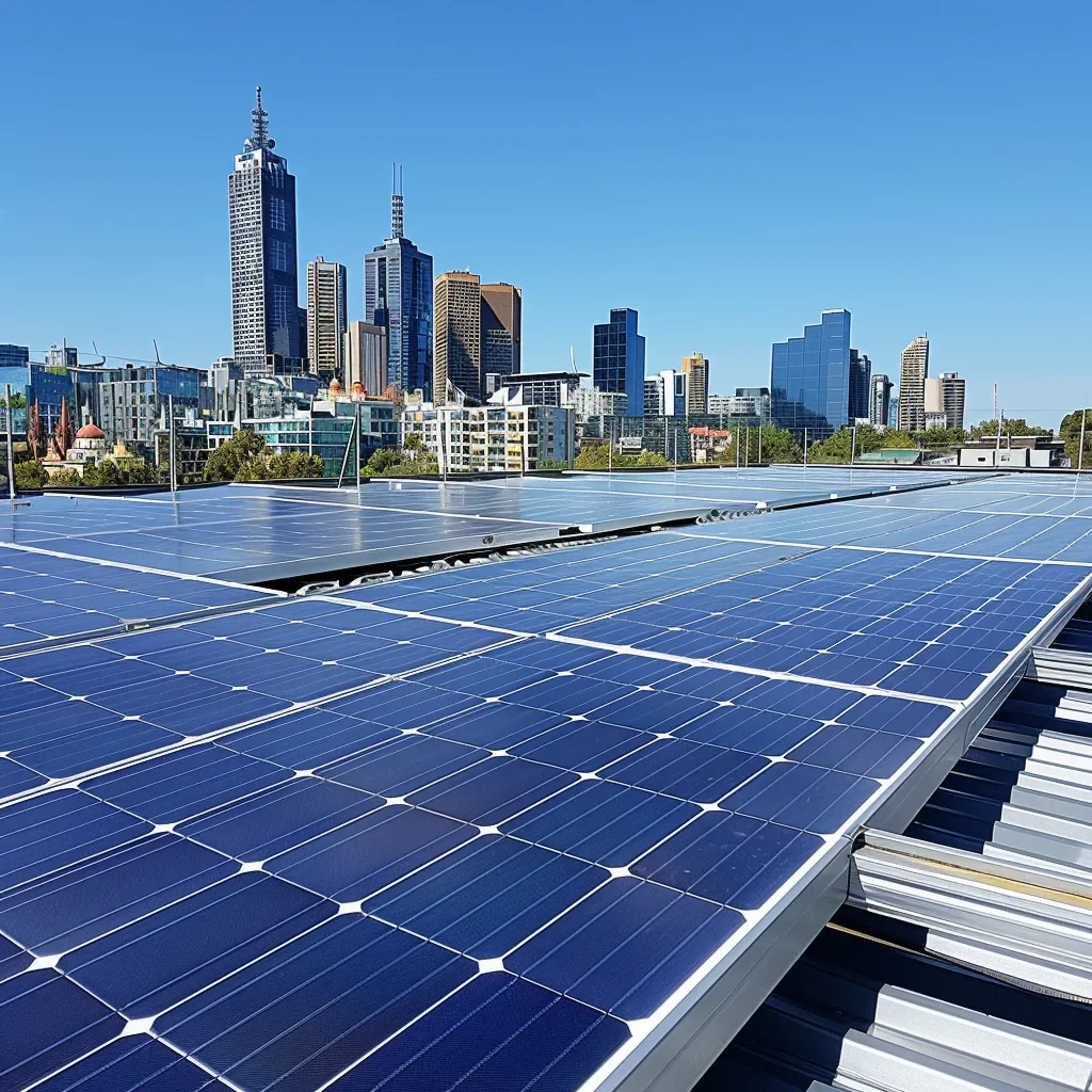Solar panels installed on a rooftop with a city skyline in the background on a clear, sunny day.