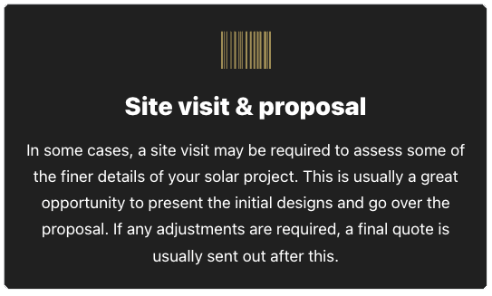 Black background with white text titled 'Site visit & proposal' discussing solar project assessment and proposal process.
