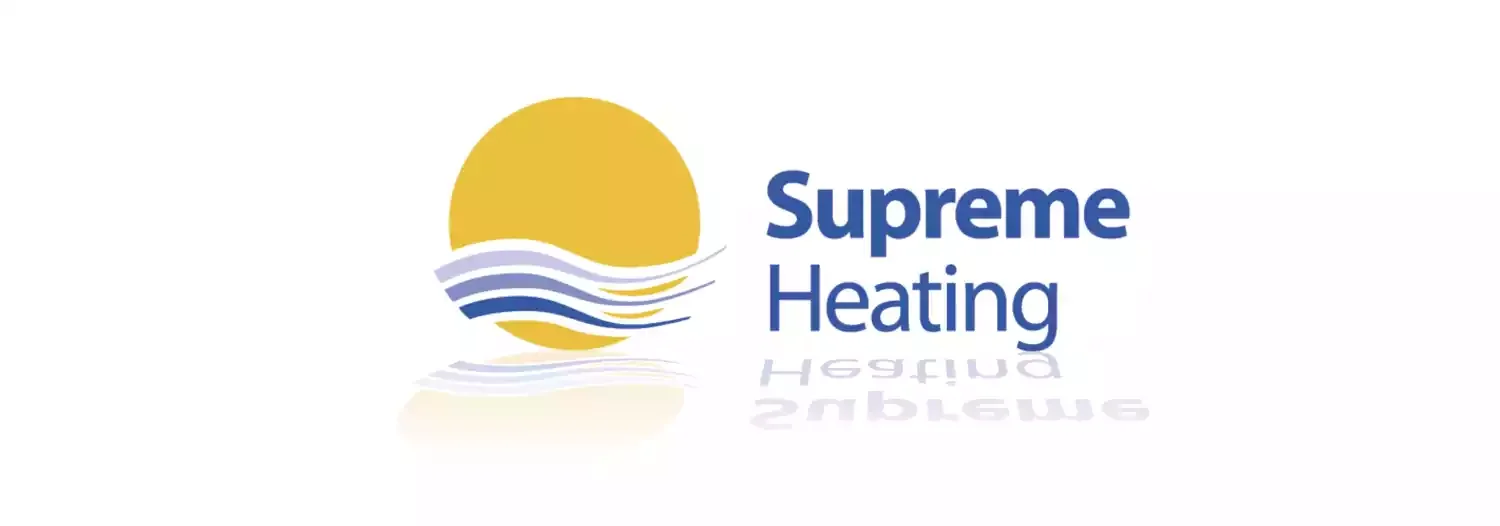 Logo of Supreme Heating featuring a yellow sun with blue and white waves, and the company name written in blue.