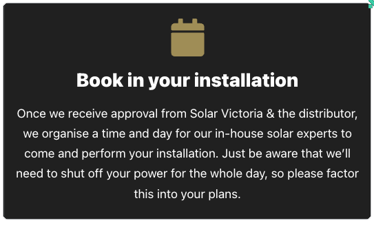 Black screen with a gold calendar icon and white text about scheduling a solar panel installation.