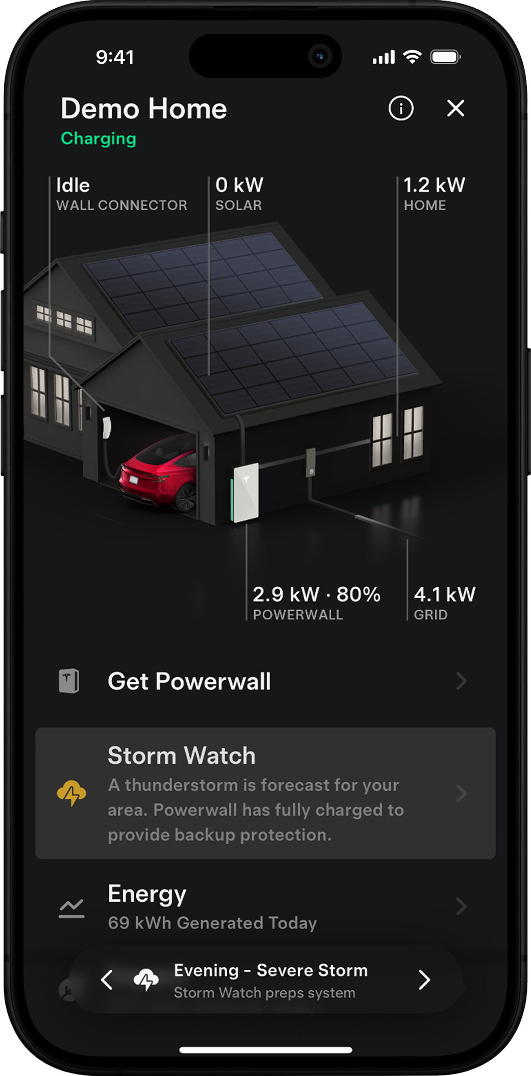 Mobile app screen displaying a home energy management system interface with solar panels, a car, and energy data including power consumption and backup features.