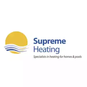 Logo of Supreme Heating with a yellow sun, blue waves, and text indicating specialization in heating for homes and pools.