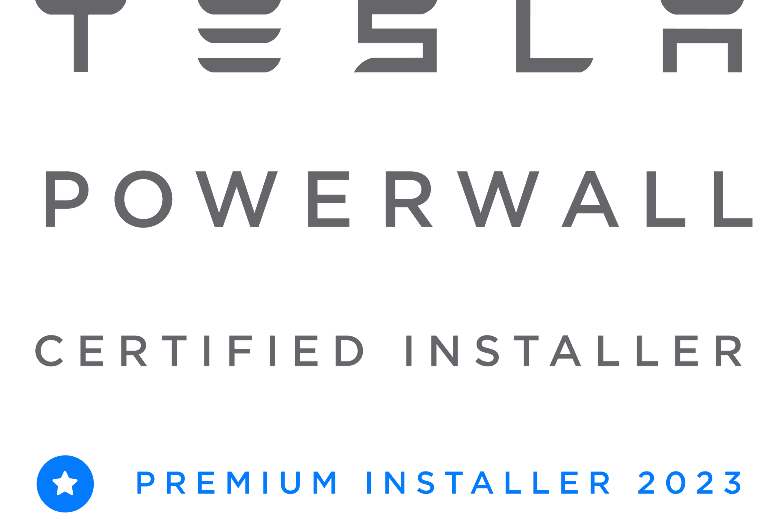The image contains a logo with the text 'Tesla Powerwall Certified Installer'. Below, there is a section with a blue icon of a star within a circle, followed by the text 'Premium Installer 2023' in blue.