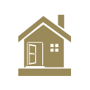 A simple illustration of a house with a sloped roof, front door, and windows.