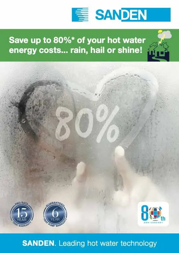A promotional poster from Sanden highlighting hot water technology benefits. The poster features a fogged window with a hand drawing a heart and indicating 80%. It emphasizes savings of up to 80% on hot water energy costs, with icons stating a 15-year warranty and a 0-year guaranteed pump warranty. The top section has the Sanden logo and a message about savings against rain, hail, or shine, alongside a graphic of a house with weather icons. The bottom mentions Sanden's leading hot water technology and a 80th anniversary logo.