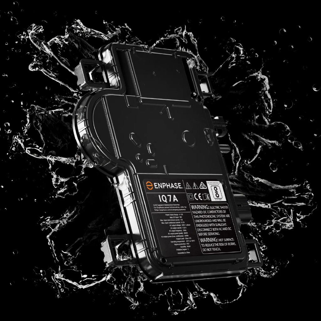 A black electronic device with a label, surrounded by splashing water.