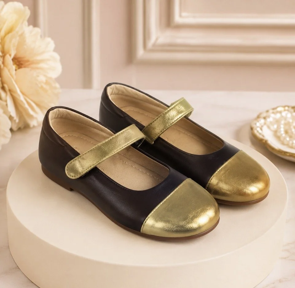 Golden Leather Mary Janes Shoes