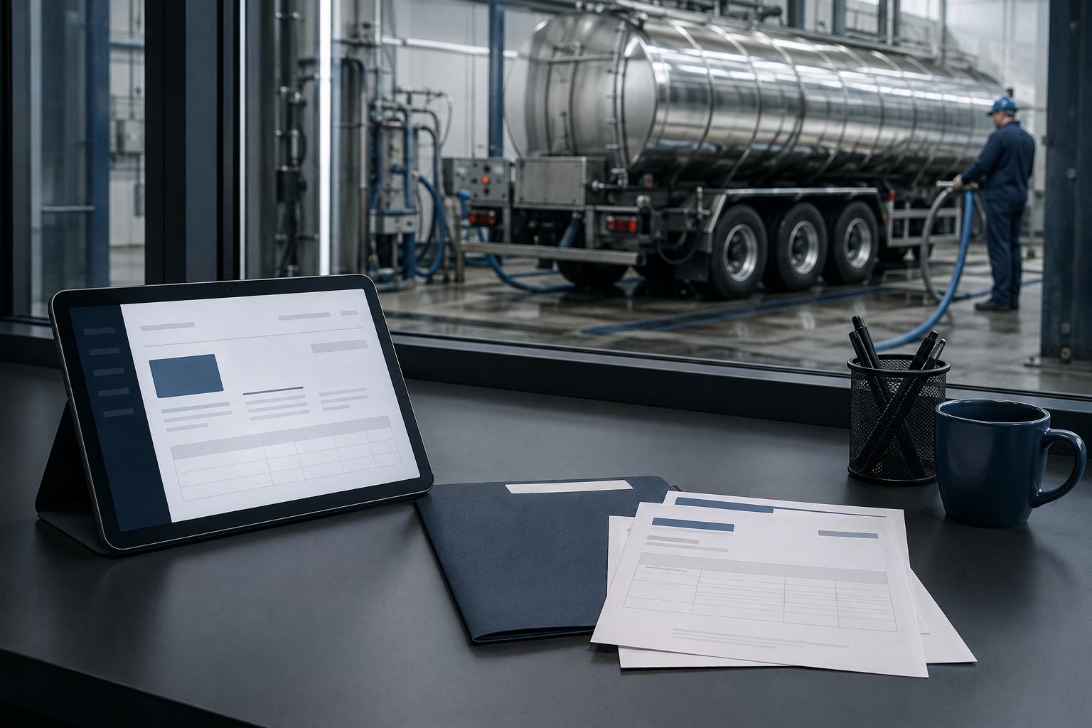 Tablet and completed wash documents overlooking a stainless tanker in an active tank wash bay