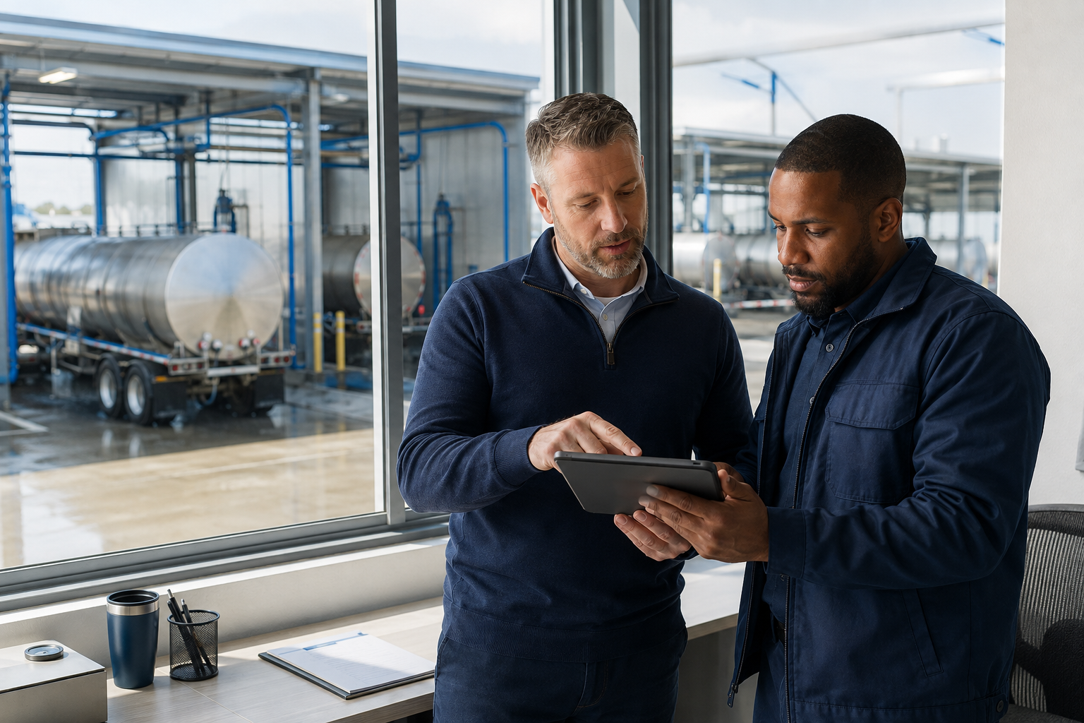 Two tank wash professionals reviewing facility operations together on a tablet