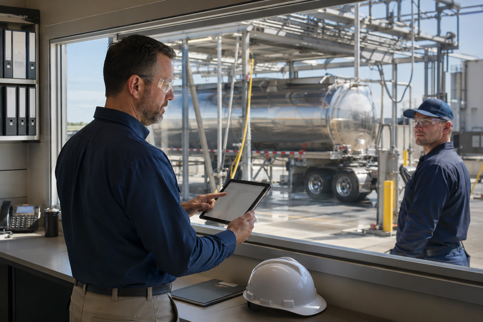 Tank wash operations manager reviewing employee access information on a tablet