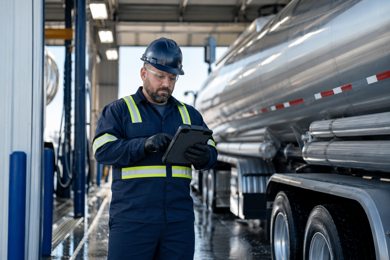 Tank wash technician reviewing a work order on a tablet beside a stainless tanker trailer