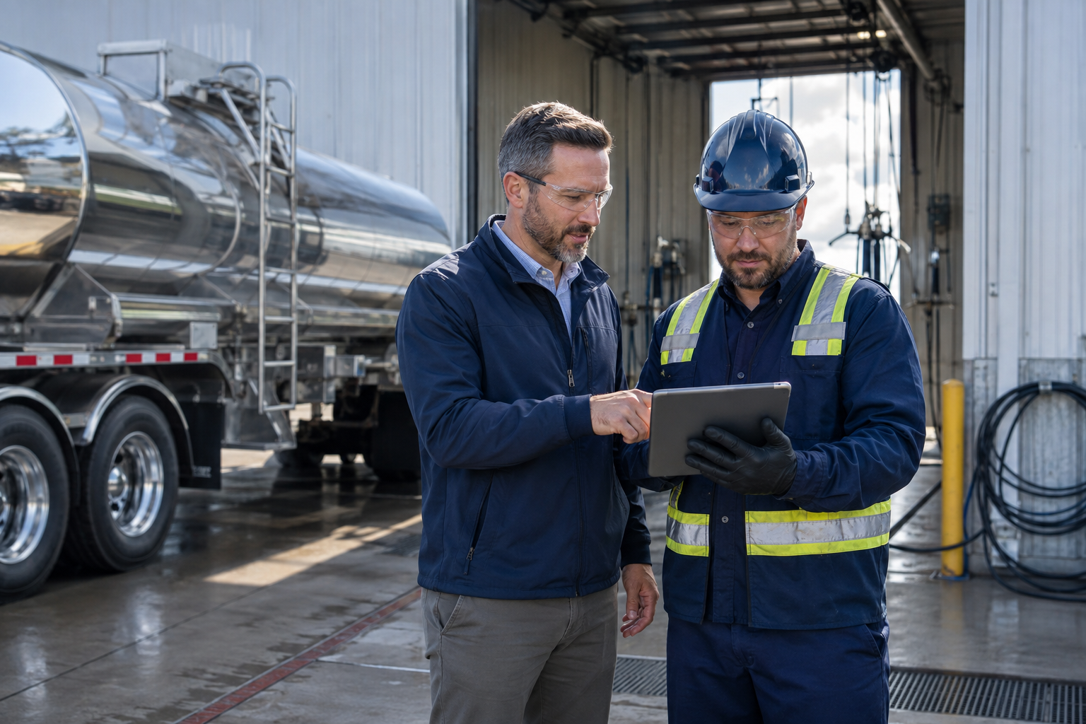 Tank wash manager and technician reviewing operations together on a tablet beside a stainless tanker