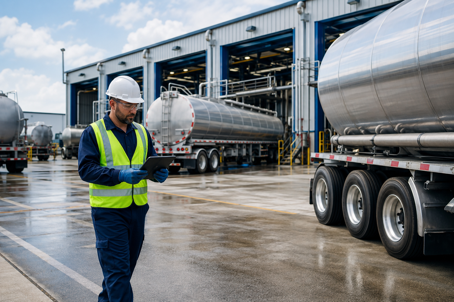 Tank wash employee checking trailer and wash-bay activity on a tablet