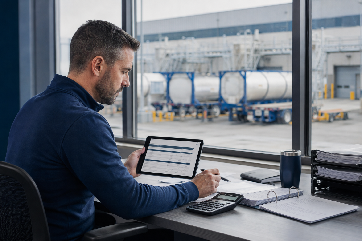 Tank wash office employee reviewing pricing and billing information on a tablet