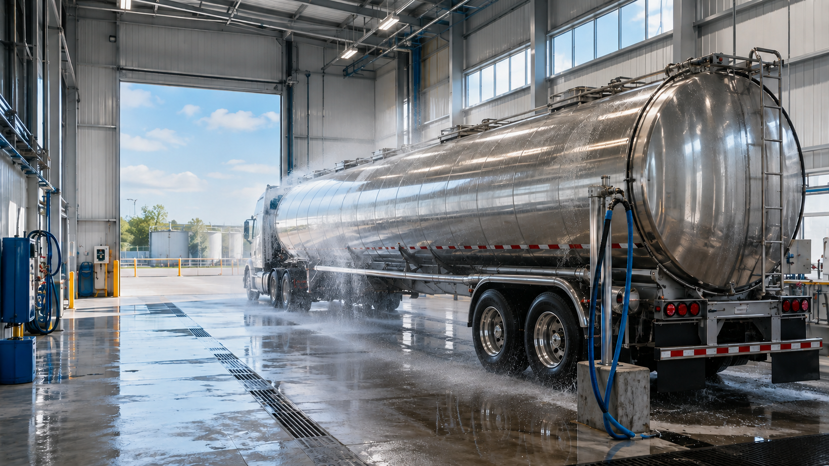 Stainless steel tanker trailer being washed inside a bright commercial tank wash bay