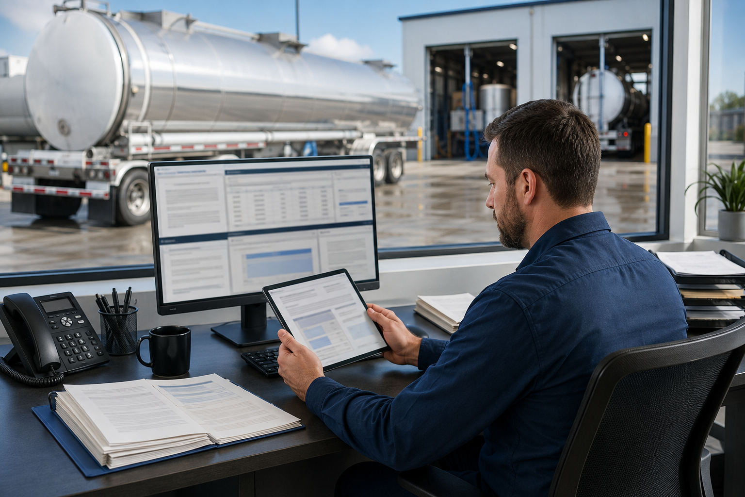 Office employee reviewing tank wash reports on a desktop monitor and tablet