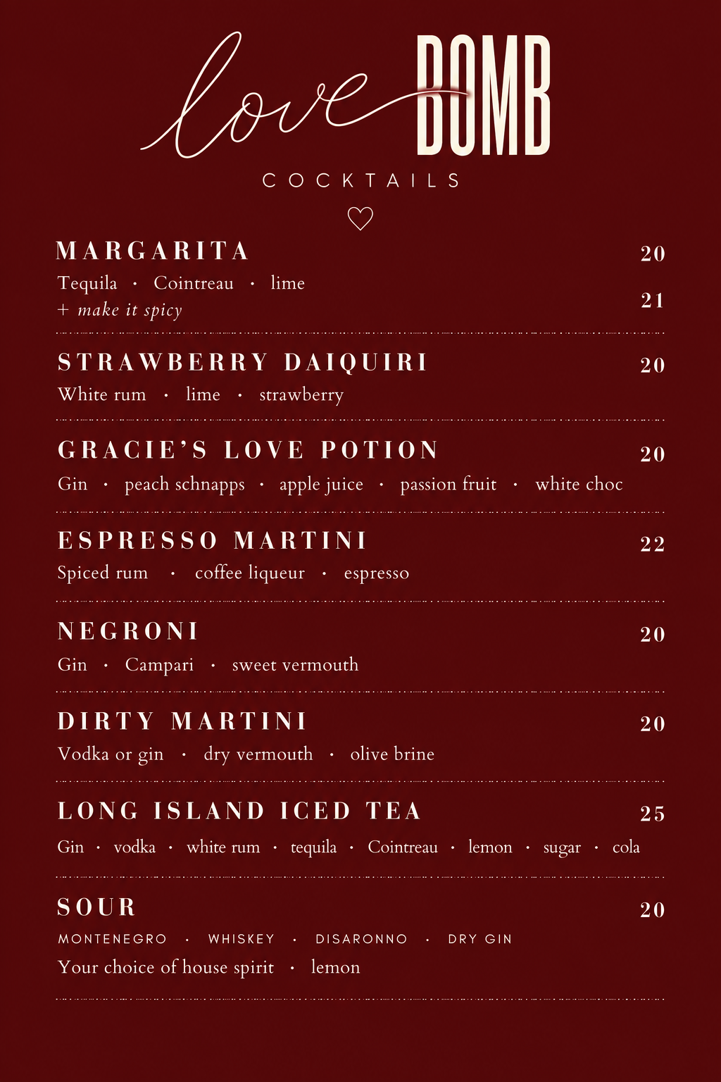 A drink menu titled 'Love Bomb Cocktails' with various cocktails listed along with ingredients and prices, set against a dark red background.