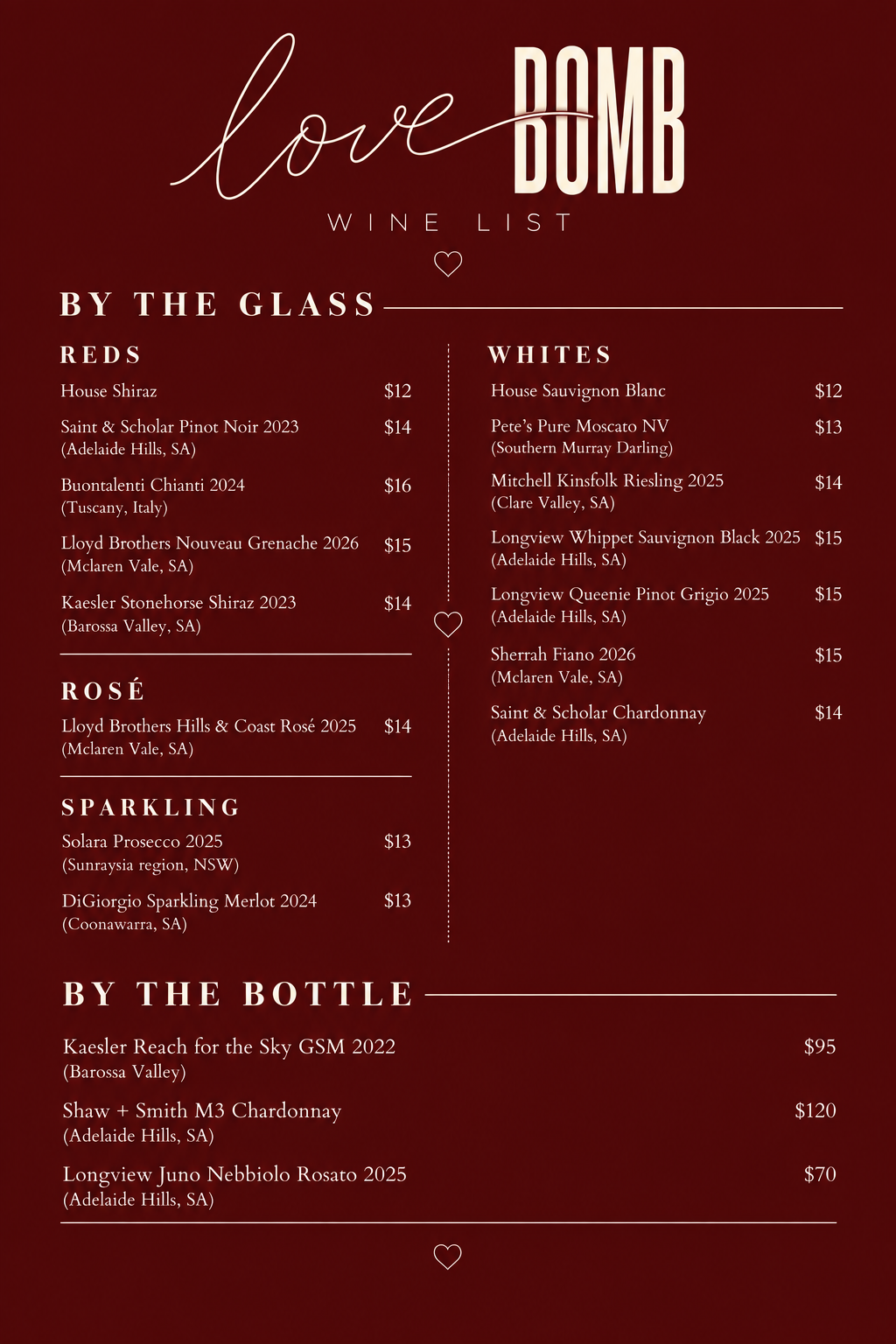 Wine menu titled "Love Bomb" with categories for reds, rosé, sparkling, and bottles, listing various wines with prices.