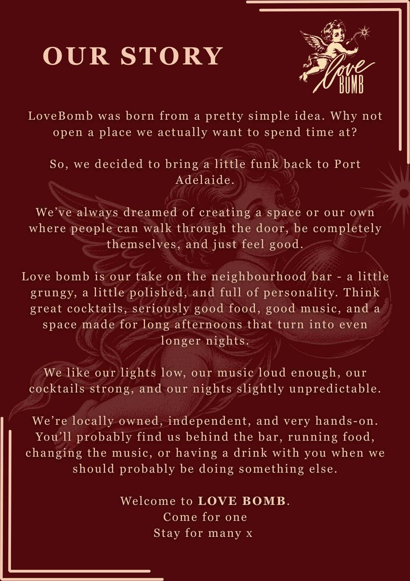 The page contains text titled 'Our Story' about LoveBomb, a neighborhood bar in Port Adelaide, emphasizing its unique atmosphere, offerings, and ownership.