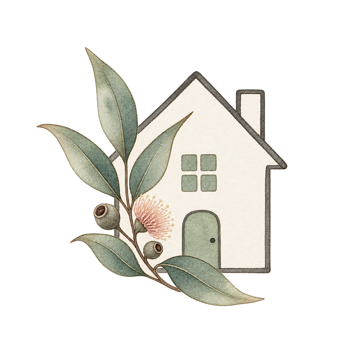 A watercolor illustration of a white house with a grey roof, four windows, and a rounded door, partially overlapped by a eucalyptus branch with green leaves, pink fluffy flowers, and seed pods.