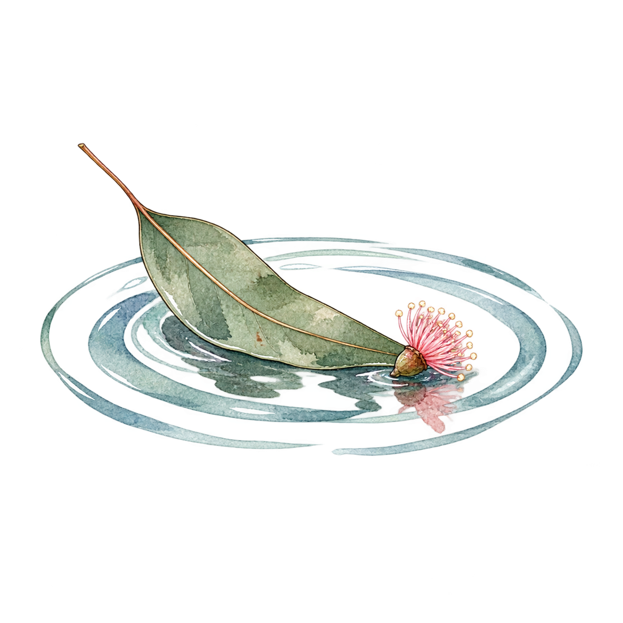 Watercolor painting of a eucalyptus leaf and pink flower floating on water with ripples.